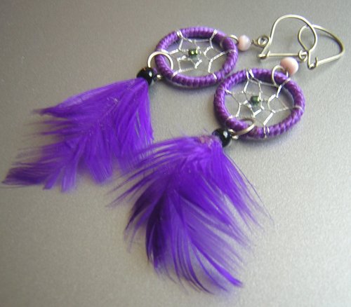 PURPLE Cat eyes Hand Woven Hippie Dreamcatcher Feather Earrings