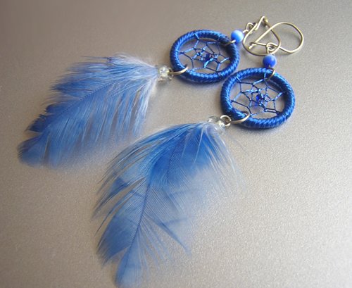 BLUE Cat eyes Hand Woven Hippie Dreamcatcher Feather Earrings