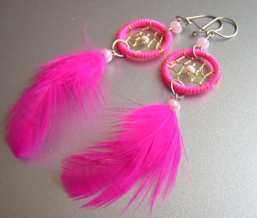 PINK Cat eyes Hand Woven Hippie Dreamcatcher Feathers Chandelier Earrings