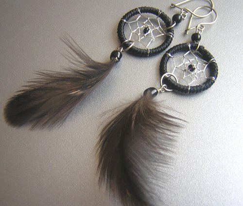 BLACK Cat eyes Hand Woven Hippie Dreamcatcher Feathers Chandelier Earrings