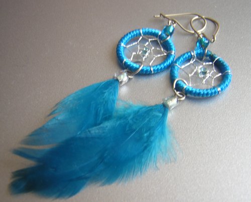 TURQUOISE Cat eyes Hand Woven Hippie Dreamcatcher Feathers Chandelier Earrings
