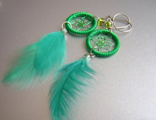 GREEN Cat eyes Hand Woven Hippie Dreamcatcher Feathers Chandelier Earrings