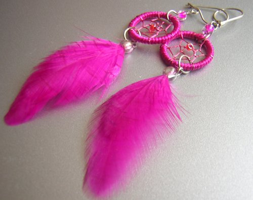 MAGENTA Cat eyes Hand Woven Hippie Dreamcatcher Feathers Chandelier Earrings