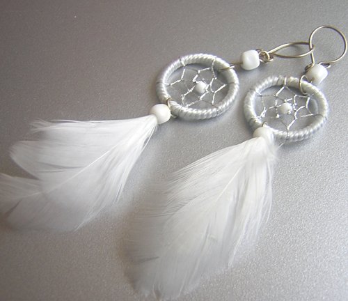 WHITE Hand Woven Hippie Dreamcatcher Feathers Chandelier Earrings