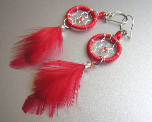 RED Hand Woven Hippie Dreamcatcher Feathers Chandelier Earrings