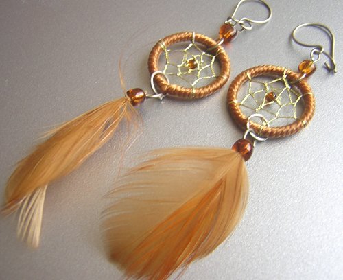 TOBACCO Hand Woven Hippie Dreamcatcher Feathers Chandelier Earrings