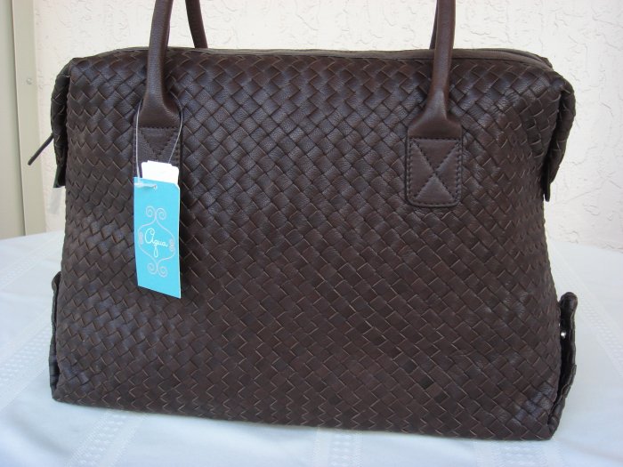 Brown All Leather Weave Shoulder Tote By Aqua