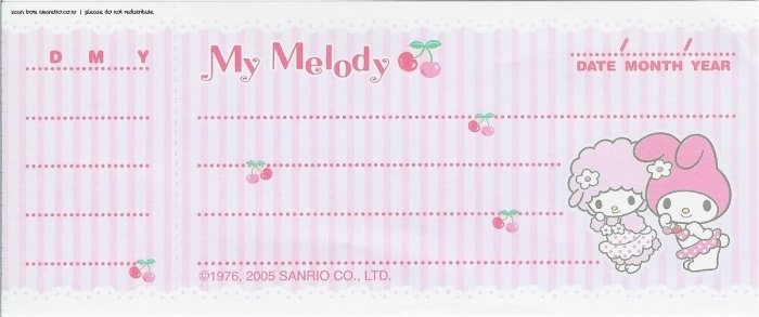 My Melody Cheque Memo Sheets