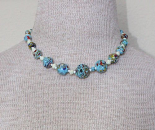 Unique Vintage Blue Tone Art Glass Necklace 1950s