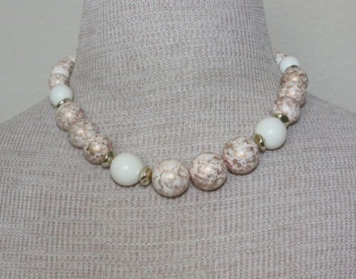 Vintage Cream & White Spotted Bead Chunky Necklace
