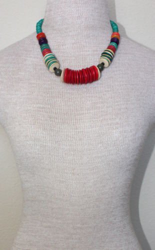 Vintage Vibrant Colorful Wooden Beads Chunky Necklace
