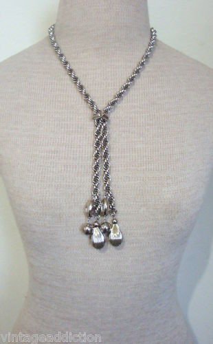 Classic Vintage Silver Tone Rope Lariat Necklace
