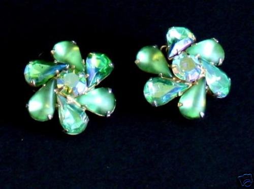 Vintage Green Rhinestone Prong set Clip On Earrings