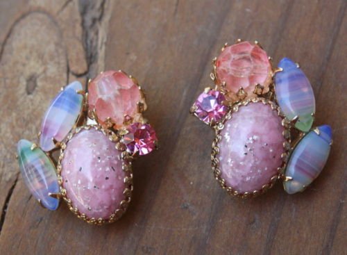 Vintage Pink Faux Opal & Lucite Clip On Earrings
