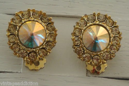 Vintage Ravioli Rhinestone Clip On Earrings