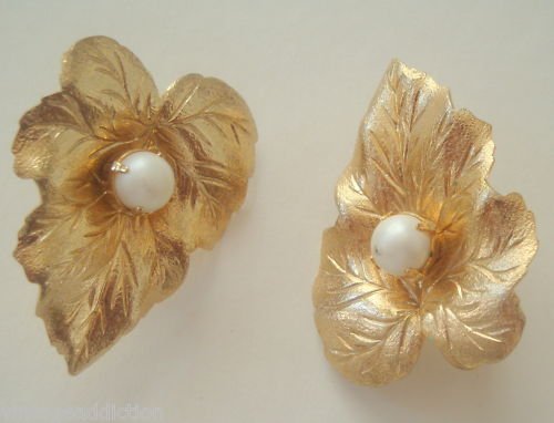Vintage Sarah Cov Golden Leaf Pearl Clip Earrings