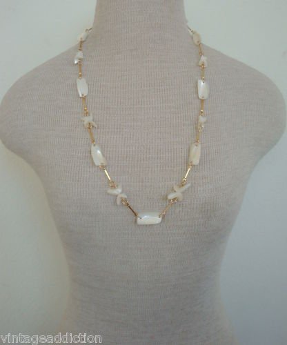 Vintage Charming White Mother Of Pearl 28"Long Necklace