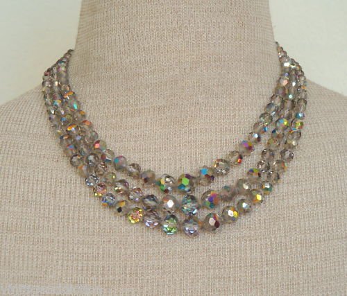 Vintage LAGUNA Aurora Borealis Glass 3 Strand Necklace