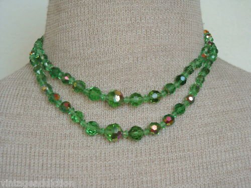 Vintage Green Aurora Borealis Glass 2 Strands Necklace