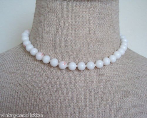 Unique Vintage White Marbled Glass Bead Necklace 1950s