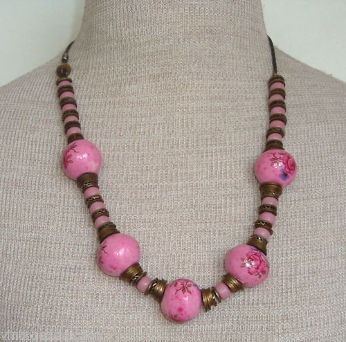 Vintage Art Deco Pink Hand Painted Glass Bead Necklace