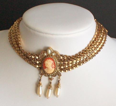 Vintage Multi Chain Cameo Choker Statement Necklace