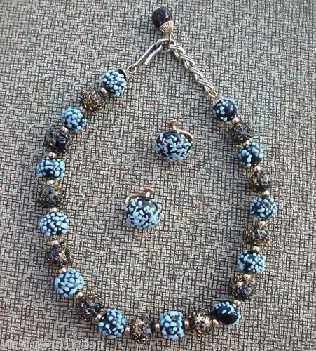 Vintage Unique Black & Blue Glass Necklace Earrings Set