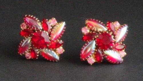 Vintage Schreiner Red Pink Navette Clip Earrings