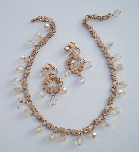 Elegant Vintage Crystal AB Glass Necklace Earrings Set