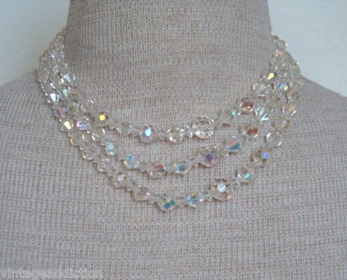 Vintage Crystal Aurora Borealis Glass 3 Strand Necklace