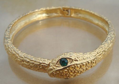 Vintage Gold Tone Snake Green Eye Hinged Bracelet