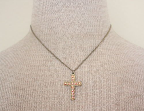 Vintage Aurora Borealis Cross Pendant Chain Necklace