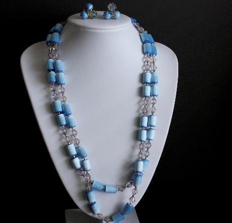 Vintage Blue Multi Strands Necklace Earrings Set Japan