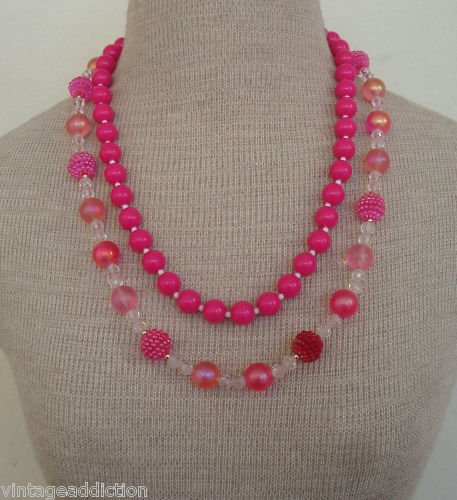 2 Vintage Pink Plastic Lucite Fruit Fancy Necklace