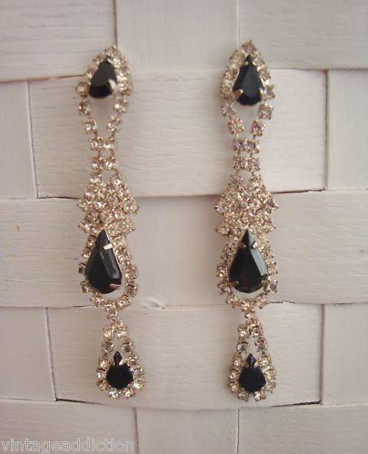 Vintage Black Glass White Rinestones Long Earrings