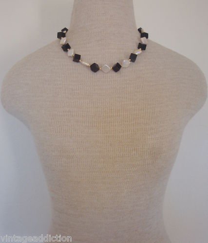 Unique Vintage Black Glass & White Peearl Necklace