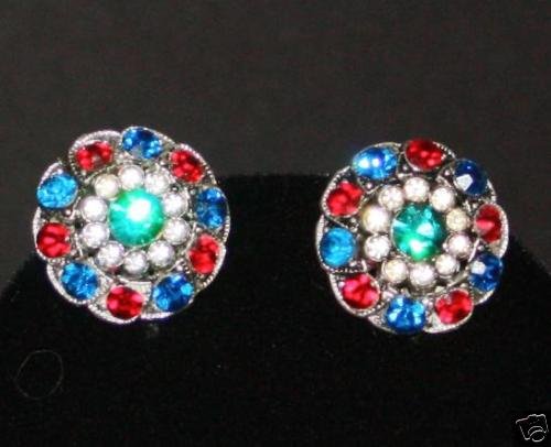 Vintage Vibrant Red Blue Green Rhinestone Clip Earrings