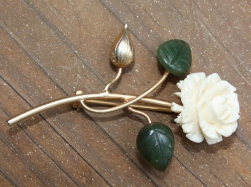 Vintage 12 KT Celluloid Leaves & Faux Ivory Pin Brooch