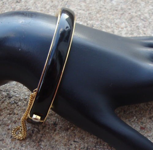 Vintage Black Enamel Hinged Bracelet With Safety Chain