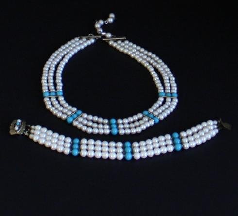 Vintage White Blue Choker Necklace Bracelet Set Japan