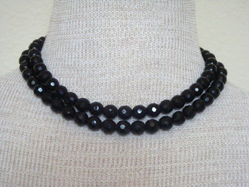 Vintage Black Glass Rhinestone Two Strands Necklace