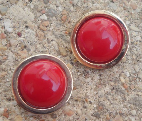 Vintage Bergere Red Enamel Button Earrings