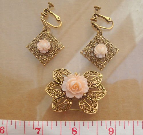 Vintage Celluloid Rose Earrings & Pin/ Brooch Set