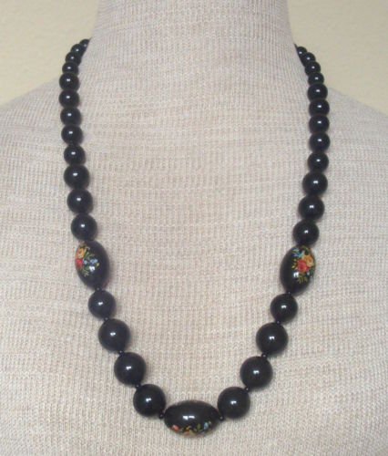 Vintage Black Flower Hand Painted Chunky Beads Necklace