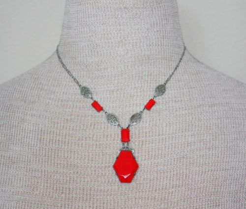 Vintage Antique Art Deco Red Glass Filigree Necklace