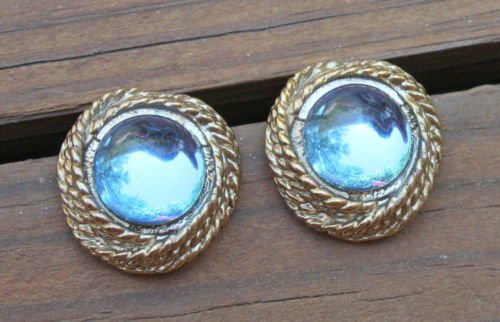 Vintage Blue Glass Chunky Pierced Earrings 1980s