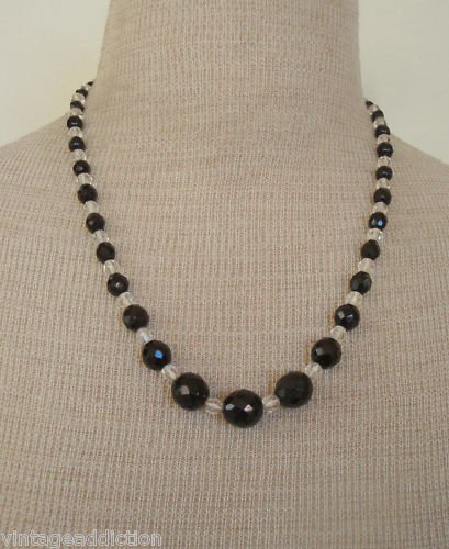 Vintage Art Deco Black & White Faceted Glass Necklace