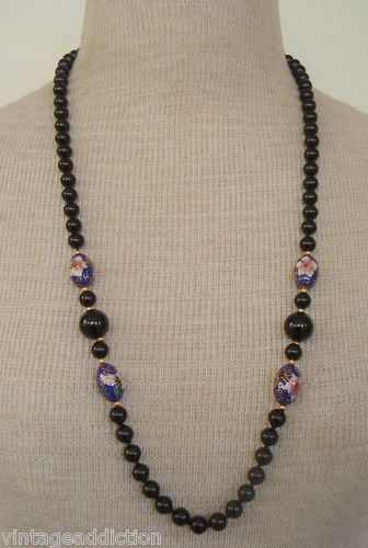 Vintage Black Art Glass Hand Painted Bead Necklace