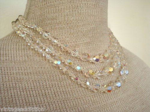 Vintage White Aurora Borealis Crystal Glass Necklace