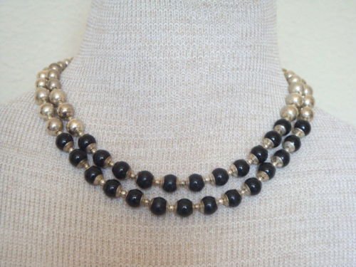 Vintage LC Black & Silver Metal Two Strands Necklace